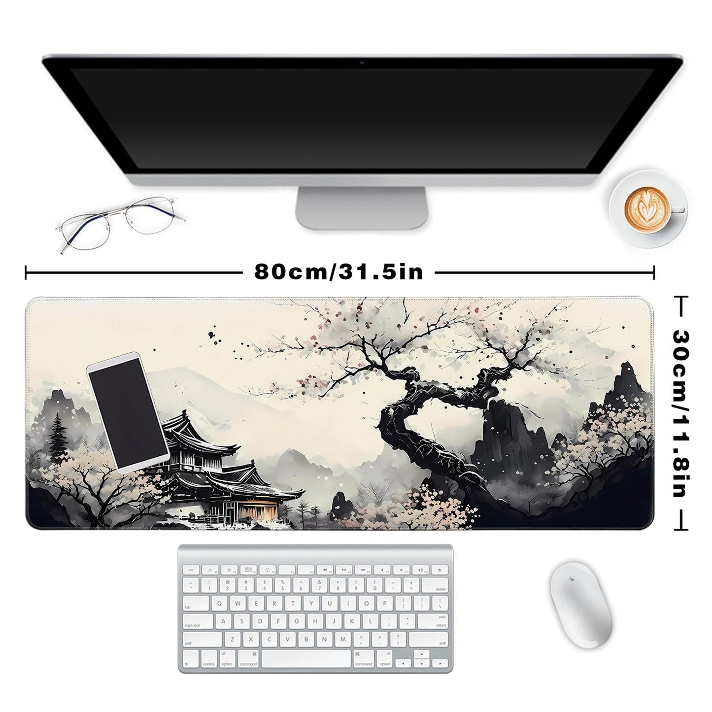 Extended Gaming Mouse Pad Anime Large Desk Pad with Non-Slip Base Full Keyboard Mat with Stitched Edges for Gaming and Office 31.5 x 11.8 inches (Wash Painting)