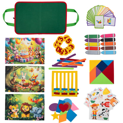HappyVk Educational Felt Story Board Set – One Felt Board and 154 Pieces Storytelling Learning Kit for Toddlers and A Felt Activity Board Game with 10 Weaving Strips - Montessori Toys Activity Board