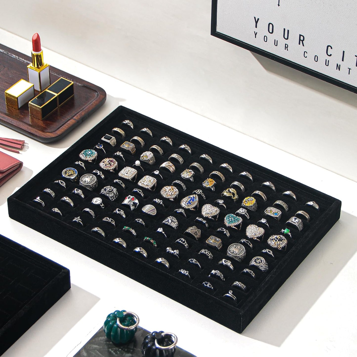 Byken 2 Pcs Ring Organizer Dish Tray,Stackable Jewelry Organizer Trays for Drawer,100 Slots Rings Jewelry Displays for Selling (Black)