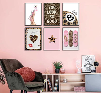 6Pcs Trendy Leopard Wall Art Funky Lucky 8 Ball Posters Prints Stylish Cheetah Room Canvas Wall Decor Preppy Aesthetic Ace Card Paintings Pictures for Girls Bedroom Apartment Dorm Unframed