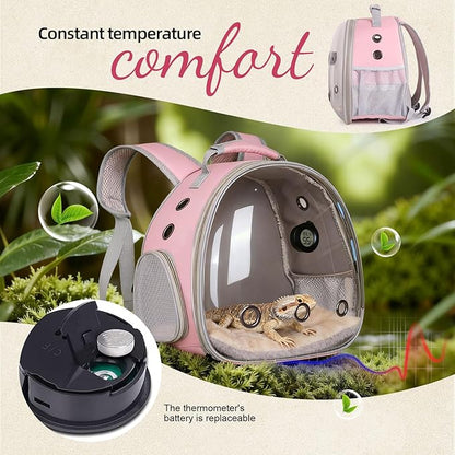 Bearded Dragon Travel Backpack Carrier with Reptile Thermometer and Humidity Gauge Lizard Travel Cage Space Capsule Clear Bubble Window Astronaut Reptile Carrier Bag for Ball Python (Pink, Backpack)