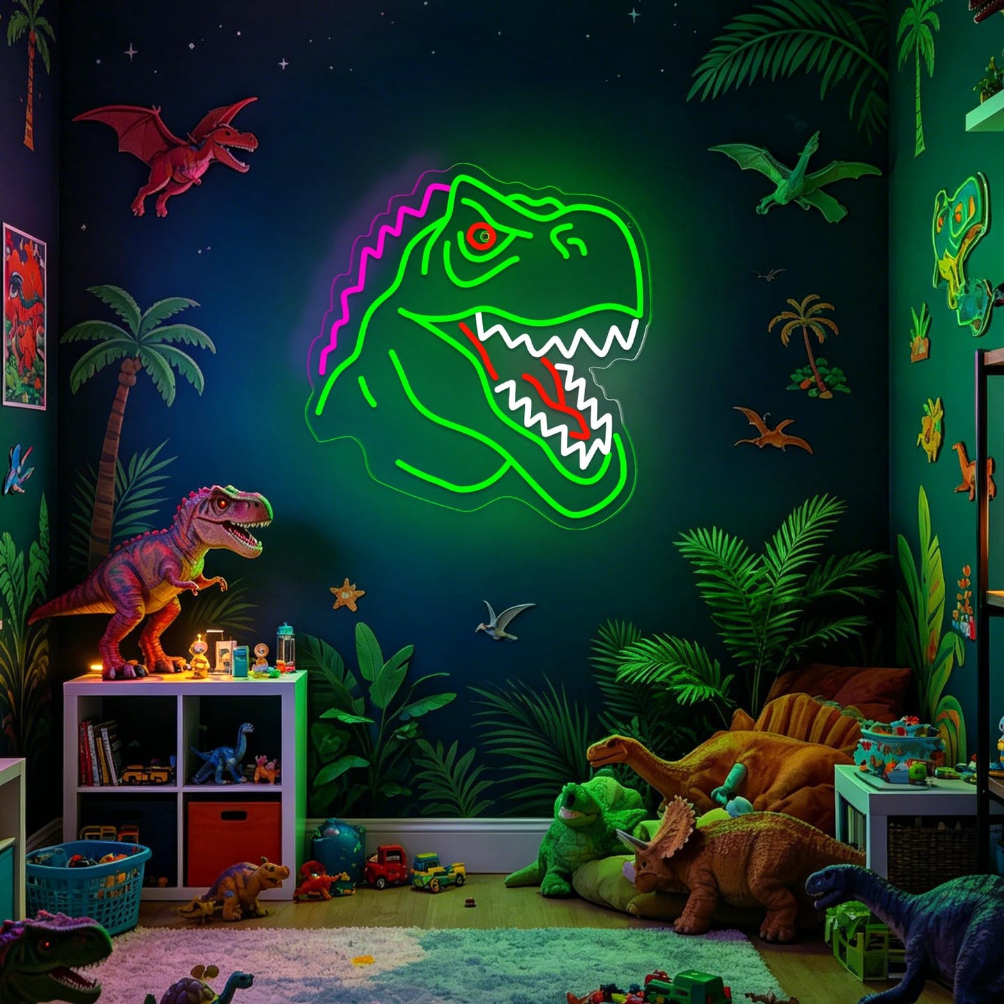 Dinosaur Neon Sign Lights for Wall Decor, T-REX LED Sign for Room and Man Cave Decor, Dimmable Powered LED Signs for Bedroom, Man Cave Party, Birthday Christmas Gift (T-REX Green)