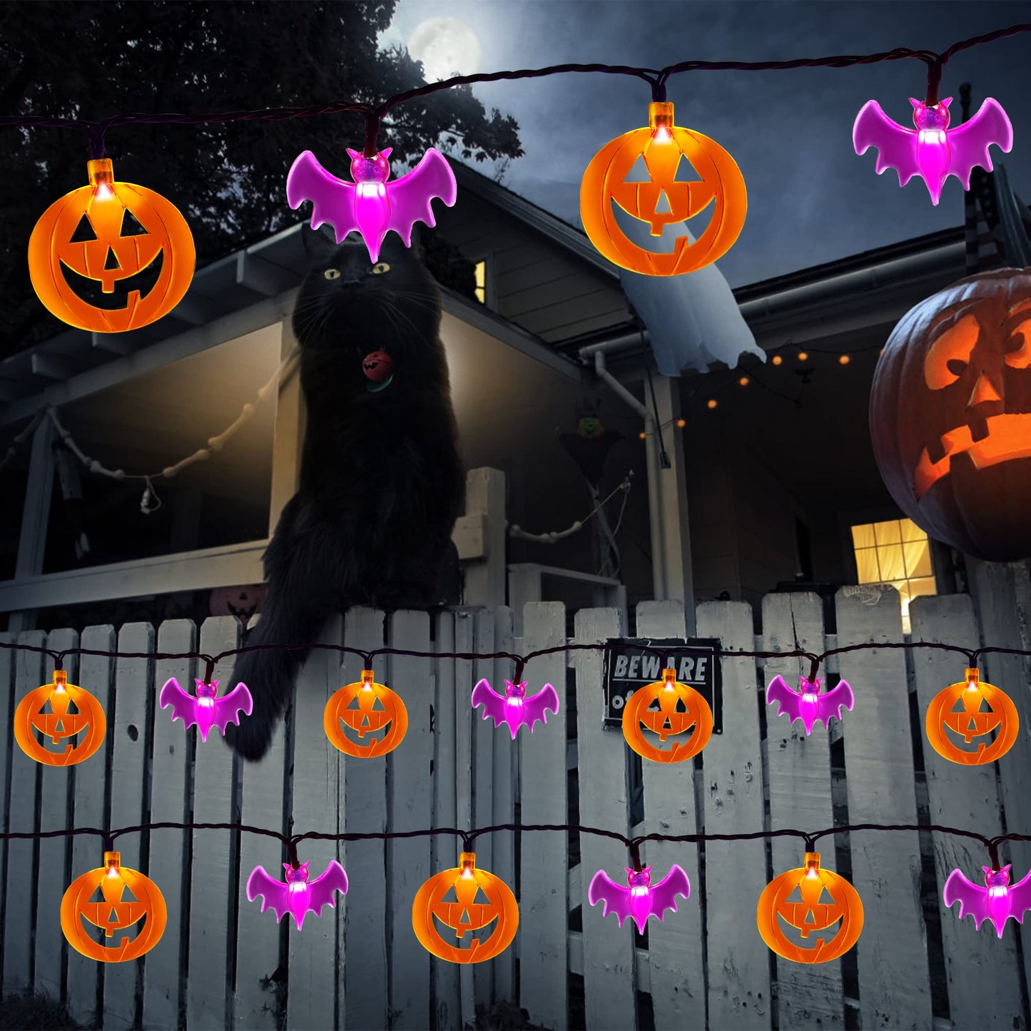 HAYATA Halloween String Lights - 70 LED 29.5Ft Pumkin & Bat Light with 30v Plug in - Extendable 8 Modes Fairy Timer Function Lighting Outdoor Garden Yard Home Halloween Party..