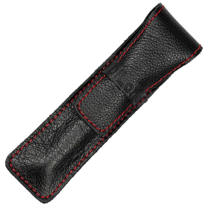 DiLoro Full Grain Leather Single Pen Case Holder Pouch Pencil Organizer (Buffalo Black w Red)