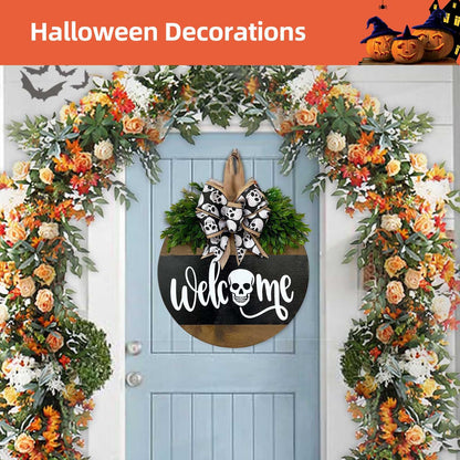 HONYUEYIM Halloween Wooden Hello Boo Ghost Bow Door Sign(Skull)