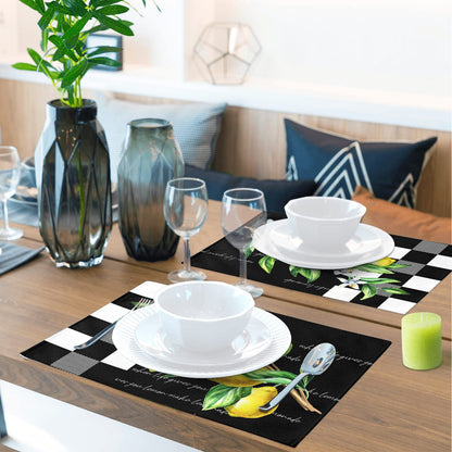 Placemats Set of 4, Yellow Lemon Non Slip Heat Resistant Linen Fabric Cotton Cloth Place Mats, Buffalo Plaid Black Square Washable Dining Table Mat for Summer Fall Rustic Farmhouse Home Kitchen Decor