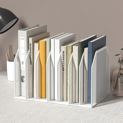 FANXIYQ Metal 7 Section File Folder Organizer for Desk | Vertical Office File Holder | Heavy-Duty Mesh Document Sorter for Books, Binders, Laptops | Desk Organizer,7 Sections White