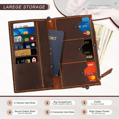 Robrasim Leather Wallet for Men and Women, Handmade Detachable Chain Wristlet Long Bifold Clutch with Large Capacity Zipper Coin Pocket (Coffee, 7.87"x4.17")