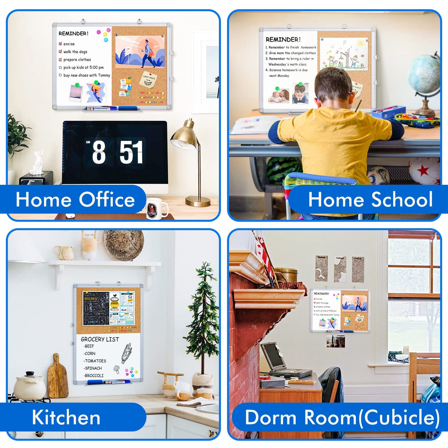 Magnetic White Board and Cork Board Combo, 24 X 18 inches Whiteboard Bulletin Combination Board, Wall Mounted Dry Erase Message Board for Home, School and Office