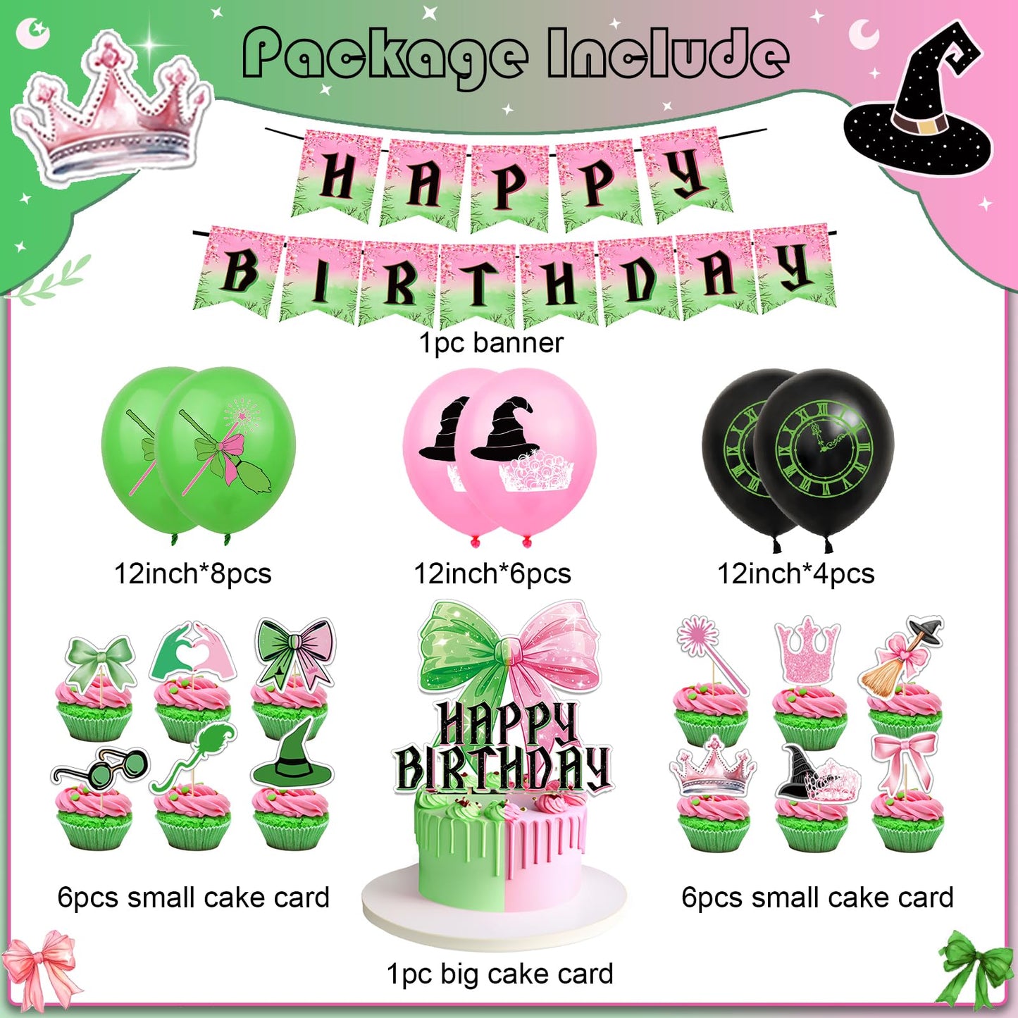 Pink and Green Party Decorations Happy Birthday Banner Balloons Cupcake Toppers and Cake Toppers for Girls Women Baby Shower Princess Witch Birthday Party Decorations