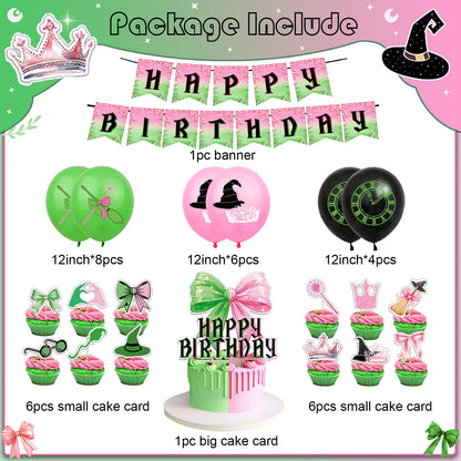 Pink and Green Party Decorations Happy Birthday Banner Balloons Cupcake Toppers and Cake Toppers for Girls Women Baby Shower Princess Witch Birthday Party Decorations