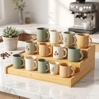 Nhohobiy 3-Tier Expandable Bamboo Mug Holder Shelf Rack For Countertop Coffee Cup Holder Display, Pantry Can Organizer for Cabinet, Coffee Bar Organizer for Kitchen