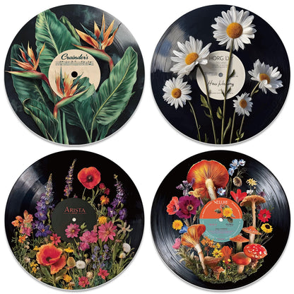 DOODLREAM 4PCS Botanical Vinyl Record Wall Decor 12" Hippy Plant Leaf Wall Art Posters for Room Aesthetic, Mushroom Daisy Flower Retro Record Decor for Music Party Studio Living Room DIY Craft Project