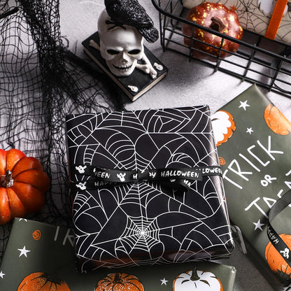 LeZakaa Halloween Wrapping Paper Roll & 13" Gift Bag with Tissue Paper, Gift Tag, and Card, Evil Pumpkin Fluorescent Black