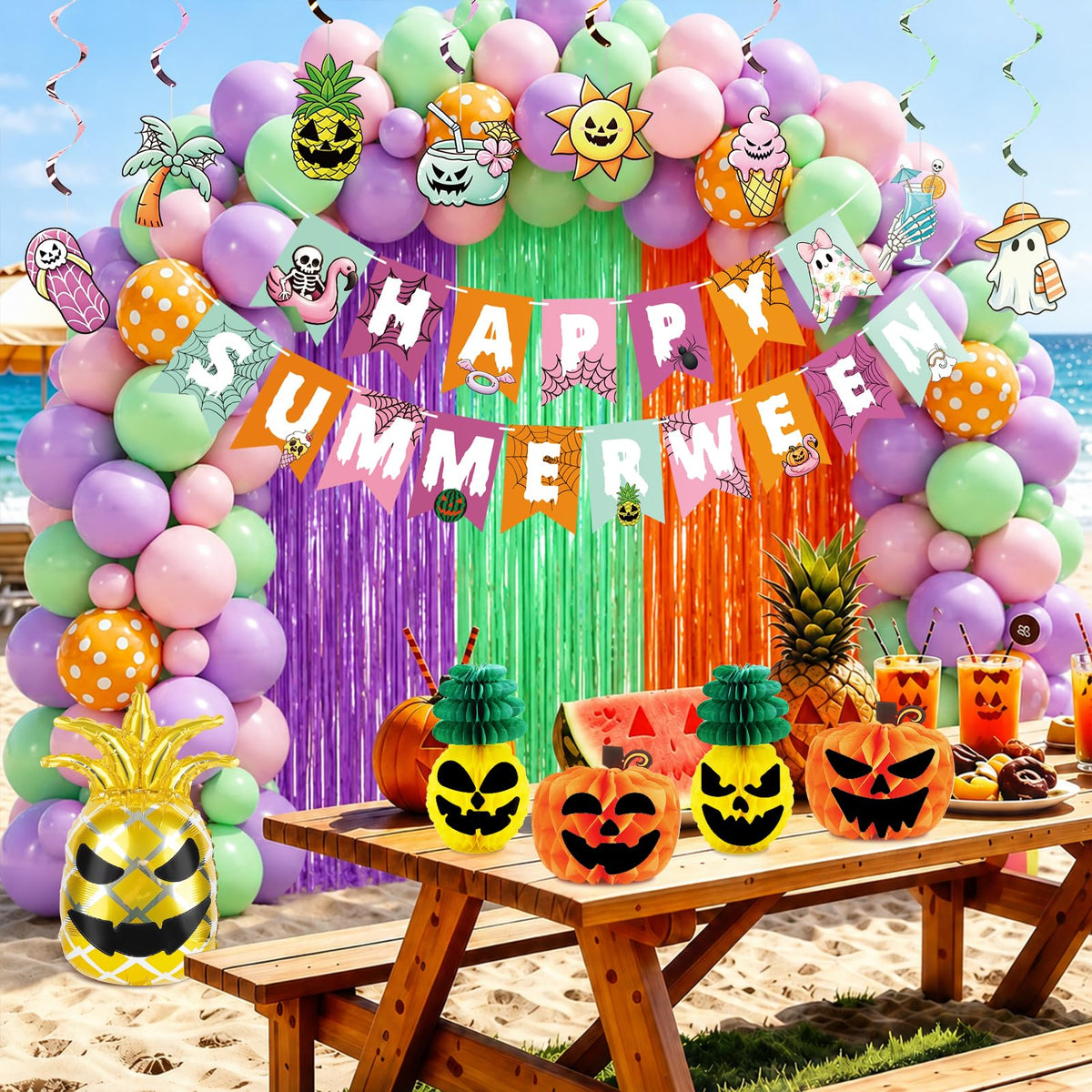 91Pcs Summerween Decorations Set - Summer Halloween Party Decorations with Happy Summerween Banner, Ghost Pineapple Balloons, Honeycomb Balls & Swirls - Spooky Summer Party Supplies for Birthday