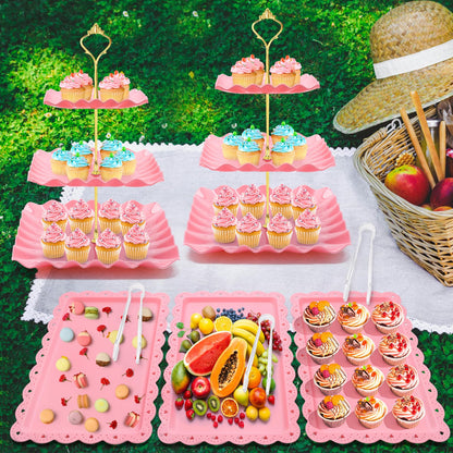Coitak 8 Pieces Cupcake Stand Set, 2 PCS 3 Tier Cupcake Stands with 3 PCS Appetizer Trays, 3 PCS Serving Tongs, Dessert Tower Tray for Tea Party (Pink)