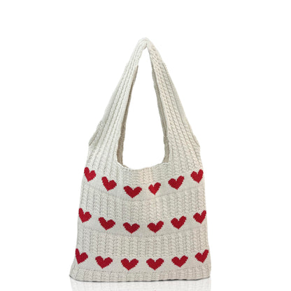 CUNGGI Knitted Heart Tote Bag for Women,Soft Knit Shoulder Hobo Purse with Cute Heart Pattern, Summer Beach Handbag for Travel, Daily Use, Gifts (White)