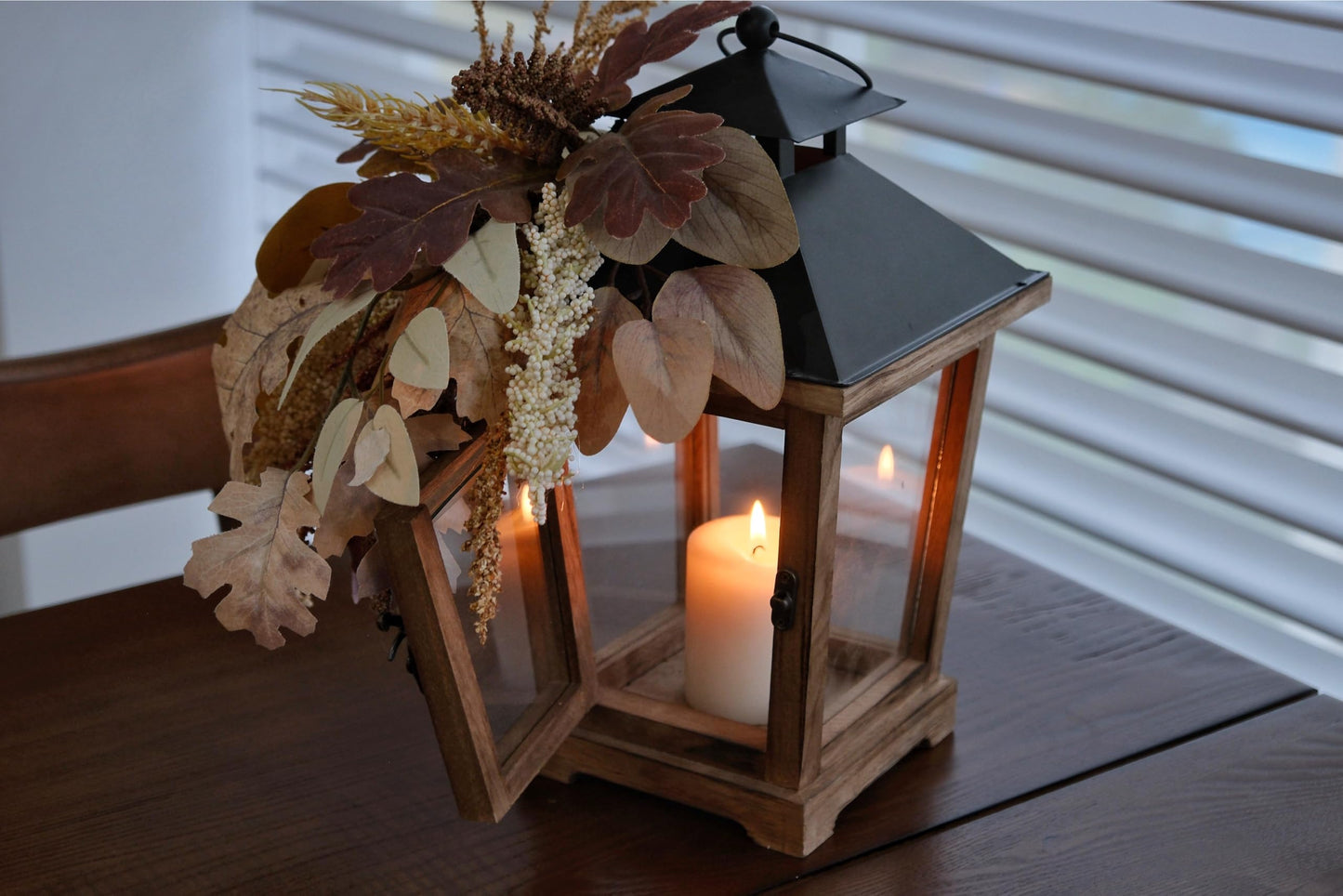 LushNook Fall Lantern Decoration, Large Wooden Hurricane Candle Lantern Decorated with Autumn Wheat Leaves, Fall Decor for Home, 14" Tall