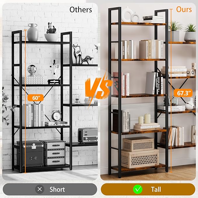 Shintenchi Triple 5 Tier Bookshelf, Industrial Large Bookcase with 14 Open Display Shelves, Large Etagere Bookshelf,Wide Book Shelf Book Case for Home & Office, Brown