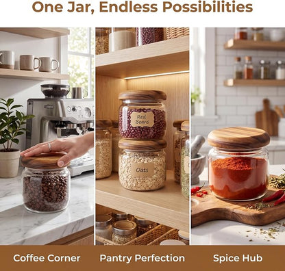 4-Pack 10 fl oz Wide Mouth Mason Jars with Spoon & Labels, Acacia Wood Lids, Press Seal, No Plastic, for Food, Snacks, Candy, Fruits, Coffee Beans, Spices & Dry Storage, Pantry Organizer.