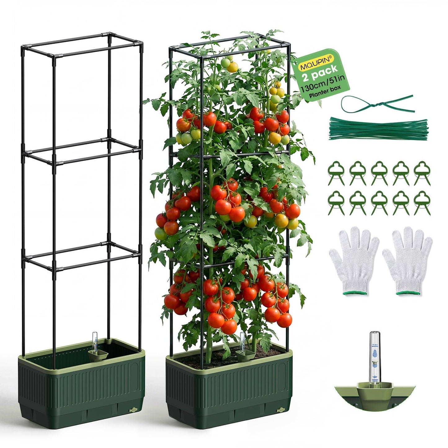 2Pack Raised Garden Bed Tomato Planter with Trellis, 52" Self Watering Tomato Planter with Water Level Indicator, Larger Rectangular Tomato Cages for Indoor & Outdoor Climbing Vegetable and Plants (2)
