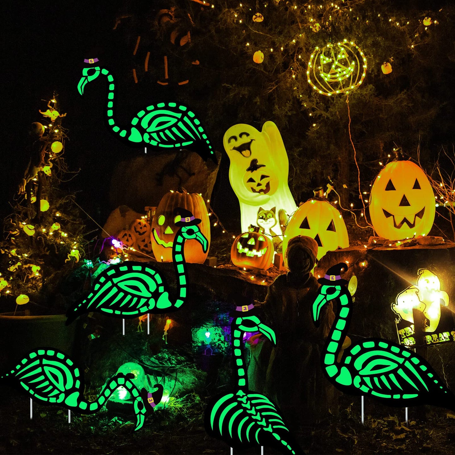 WILLBOND 6 Pcs Glow in the Dark Skeleton Flamingo Scary Creepy Outdoor Decor for Halloween Party