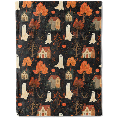 ainori Spooky Ghost Village Flannel Blanket - Cute with Autumn Trees, and Houses Throw - Soft Cozy Gifts Balnkets for Halloween Decor, Fall Lovers,Kids,Women,Festive Home Accents 50x60in