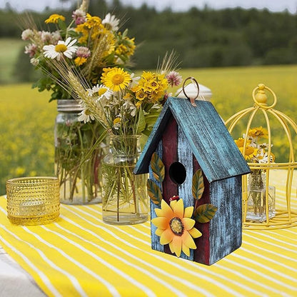 Wood Bird House for Outside, Hanging Decorative Bird House Outdoor Garden Patio Yard Rustic Hand-Painted Bluebird Birdhouse Nesting Box for Finch Wren Sparrow Chickadee