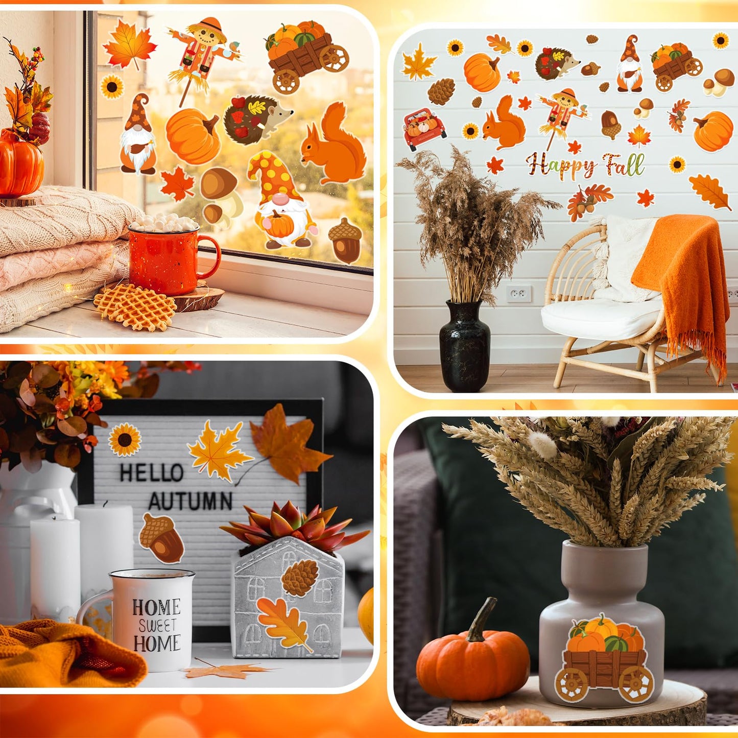 Motipuns 2 Sheet 64 Pcs Thanksgiving Gel Window Clings Fall Thick Gel Cling Removable Reusable Autumn Harvest Window Sticker Pumpkin Maple Leaves Gnome Decal for Glass Classroom Fall Party Decor