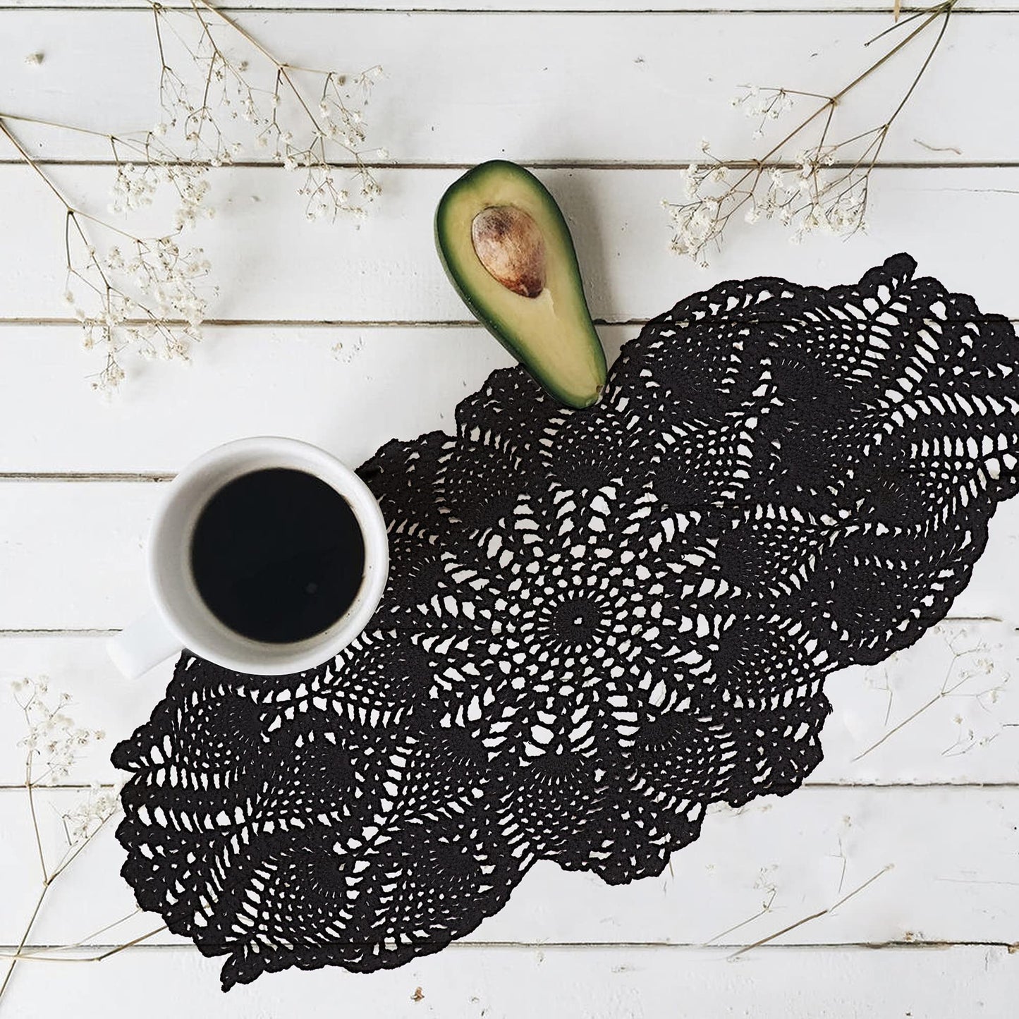 Qxzvzem One Piece 23 x 12 Inch Oval Doilies Crochet for Dressers and End Tables Crafts Disposable Small Halloween Valentines Doilies Cloth Lace Placemats Coasters Black Cotton Vintage Tablecloth