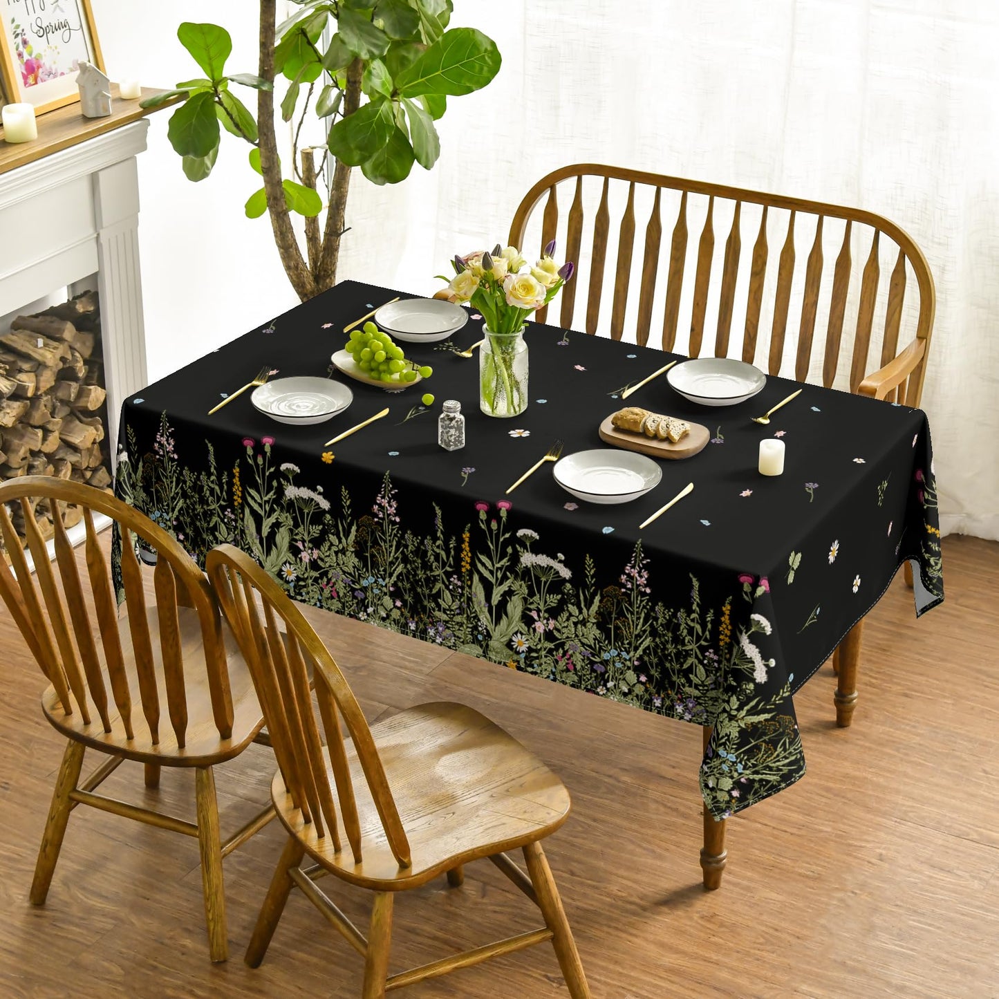 Horaldaily Spring Tablecloth 60×84 Inch Rectangular, Black Wild Flower Daisy Washable Seasonal Table Cover for Party Picnic Dinner Decor