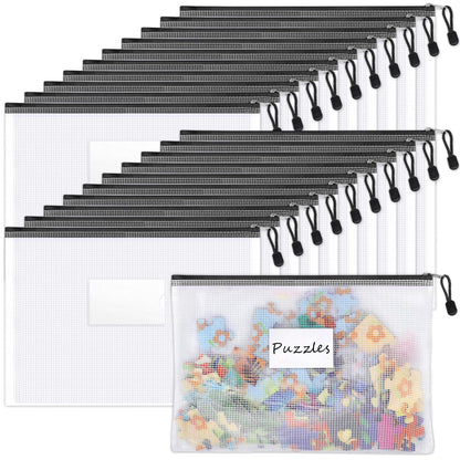 Sooez 20 Pack Mesh Zipper Pouch Bags, A4 Letter Size Zipper Bag with Label Pocket, Waterproof Bag for Classroom Organizer, School Office Supplies, Storage Pouches for Board Game Toy Storage, Black