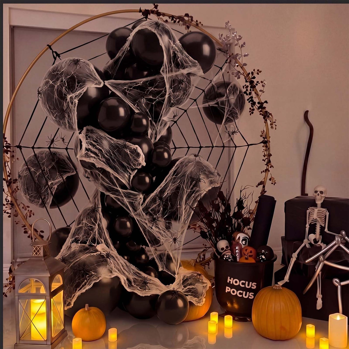 Gejoy 113 Pcs Halloween Balloon Garland Arch Kit with Spider Web and Spiders Spooky Halloween Party Decorations Black Latex Balloons Set Scary Birthday Backdrop for Haunted House Horror Party Supplies