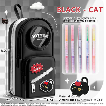 UINSUE Mini Backpack Pencil Case Art Marker Storage Canvas Makeup Pocket Small Gadget Bag Organizer Random Free of Highlighters (BLACK -CAT)