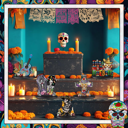 Wesiti 12 Pcs Day of The Dead Table Decorations Wooden Mexican Dia De Los Muertos Altar Centerpiece Halloween Sugar Skull Table Topper Decor Skeleton for Mexican Fiesta Tiered Tray Decor Party Favor
