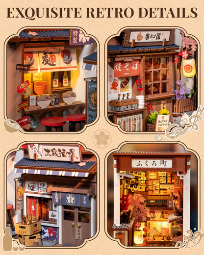 ROBOTIME Japanese Book Nook Kits, DIY Miniature House Kit for Adults 3D Wooden Puzzle, Bookends Bookshelf Diorama Creative Decorative Crafts Kits Unique Gifts for Teens & Beginners (Sakura Wine Alley)