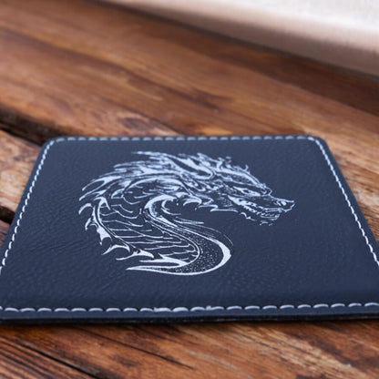 Coaster - Dragon - SET OF 2 - Leather or Stitched Cork (Black/Silver)