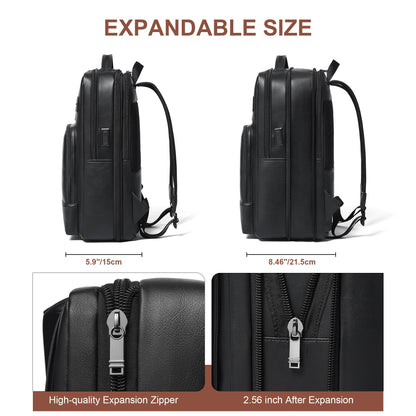 Shrrie Leather Laptop Backpack for Women and Men,28 L Travel Backpack Computer Bag Fits 16 inch Laptop,Expandable Casual Daypack with USB Charging Port for Work Business Weekender College,Black