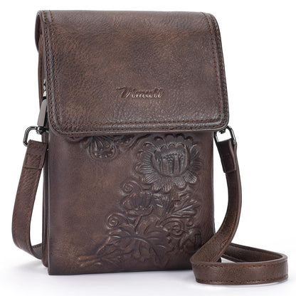VIMUTI Small Crossbody Bags for Women Trendy Vegan Leather Cell Phone Bag Embossed Flower Design Wallet Purses with Strap (02-Coffee)