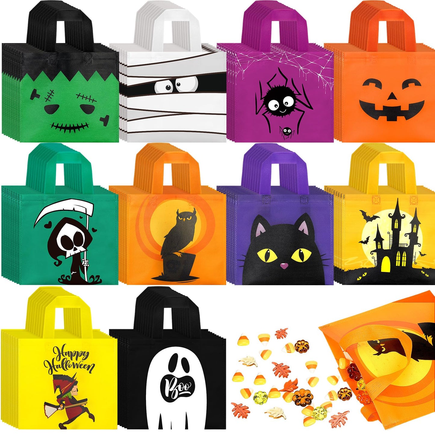 Zhanmai 100 Pcs Halloween Treat Bags with Handle 10 Patterns Design Halloween Candy Goodie Gift Bag for Party Favor Supplies(9.5" x 8.7" x 0.2")