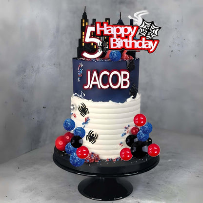 Spider Cake Topper, Spider Web Cake Decorations Spiders Theme Cake Decor Glitter Happy Birthday Toppers Red Black Blue Balls Cupcake Topper for Boys Men Baby Shower Party Supplies