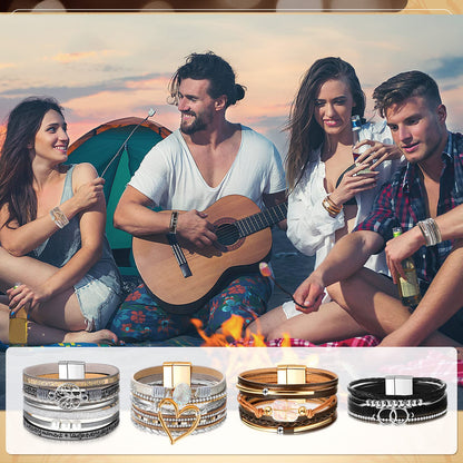 Yinkin 6 Pcs Boho PU Leather Wrap Bracelets for Women Stack Multi Layer Bohemian Cuff Bracelets trendy Jewelry Gifts(Stylish)