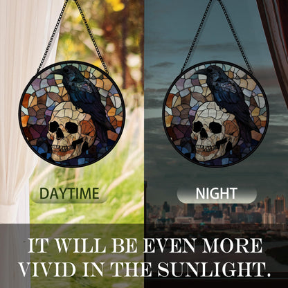 Hxlac Black Raven Halloween Suncatcher Stained Glass Window Hanging, Gothic Skull Black Crow Sun Catchers Indoor Window Glass Round Wall Decor, Halloween Raven Wall Art Hanging Decorations, ＂7.8x7.8＂