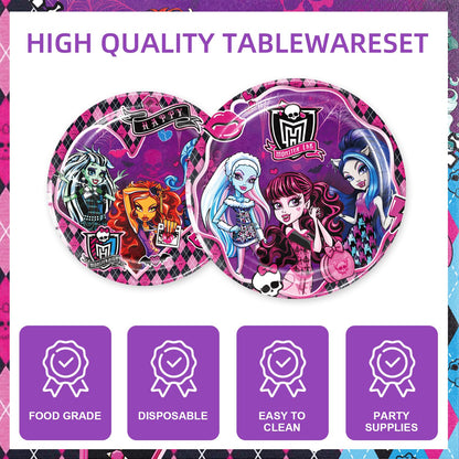 141Pcs Monster Academy Party Supplies Gothic Paper Plates (9"+7"), Cups, Napkins, Forks, Knives, Straws, 1 Tablecloth Decorations with Skull, Bat Print for Birthday, Horror Movie Night Halloween