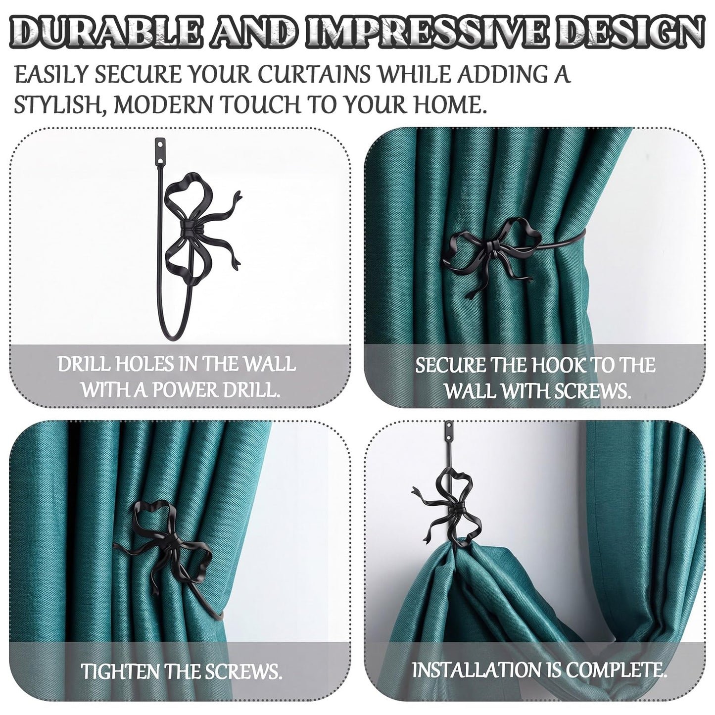 Otoolling 2 Pack Black Metal Bow Curtain Holdbacks Wall Mounted Curtain Hold Backs Curtains Modern Tiebacks Decorative Window Drapery Tiebacks with Bow Finials for Living Room Bedroom Office Home