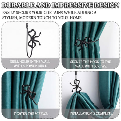 Otoolling 2 Pack Black Metal Bow Curtain Holdbacks Wall Mounted Curtain Hold Backs Curtains Modern Tiebacks Decorative Window Drapery Tiebacks with Bow Finials for Living Room Bedroom Office Home