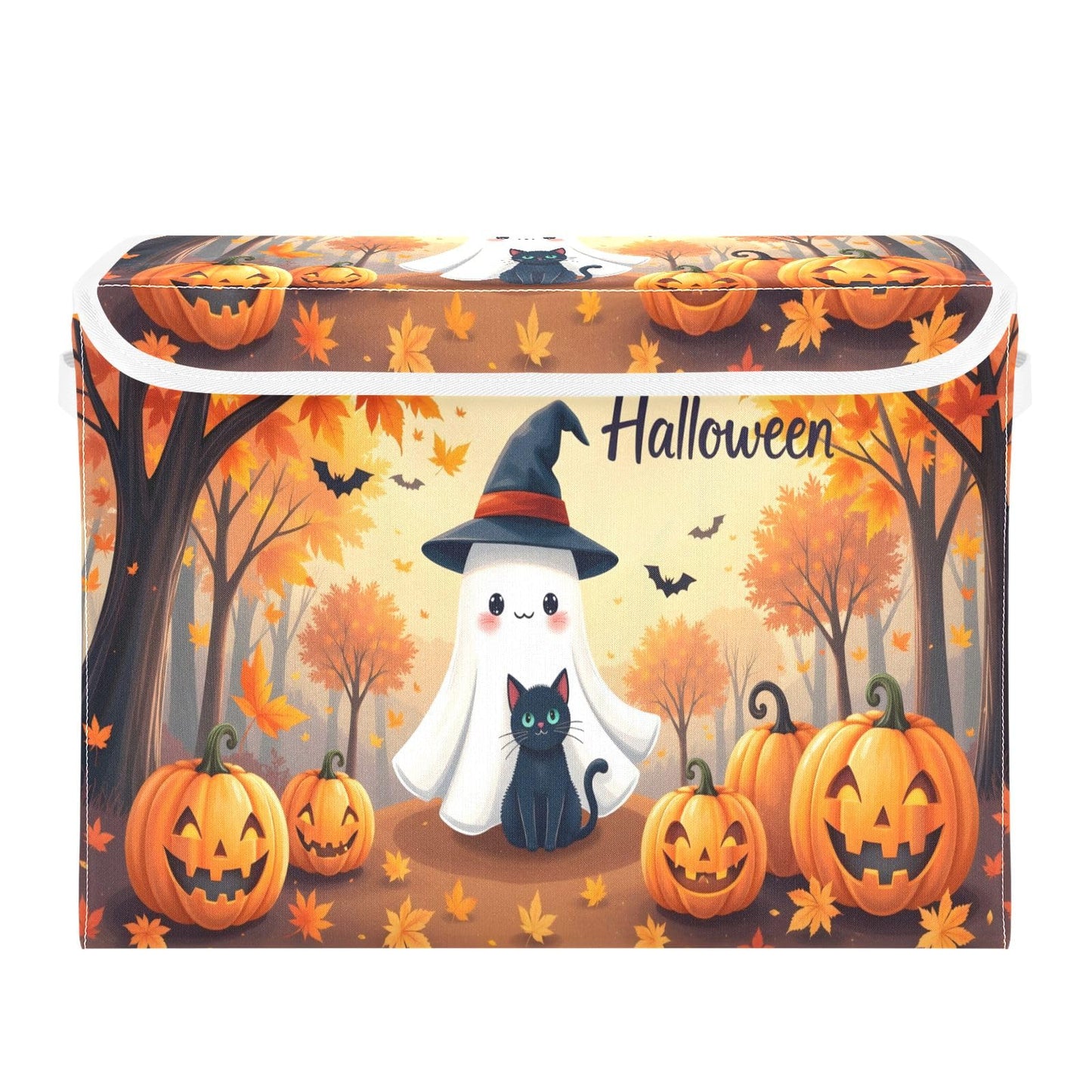Bolaz Storage Bins with Lids and Handles,Maple Leaves Ghost Pumpkin Storage Box Basket with Cover Collapsible Organizer Containers for Home Closet, Shelves