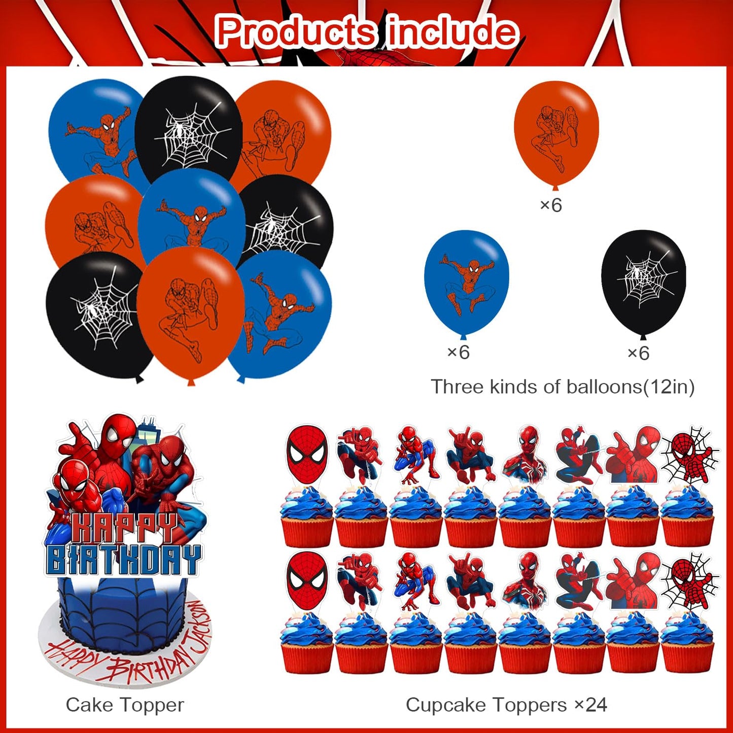 Spider Web Birthday Decorations Include Latex Balloon,Cupcake Topper, Happy Birthday Balloons,Backdrop Set for Boys Kids Cartoon Party Supplies