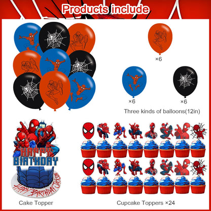 Spider Web Birthday Decorations Include Latex Balloon,Cupcake Topper, Happy Birthday Balloons,Backdrop Set for Boys Kids Cartoon Party Supplies