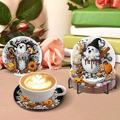 8 PCS Halloween Diamond Art Coasters Kits, Ghost Diamond Painting Coaster Kits Diamond Coasters with Holder Cork Pads Gem Art Dots Paintings Crafts Supplies for Adults Beginners